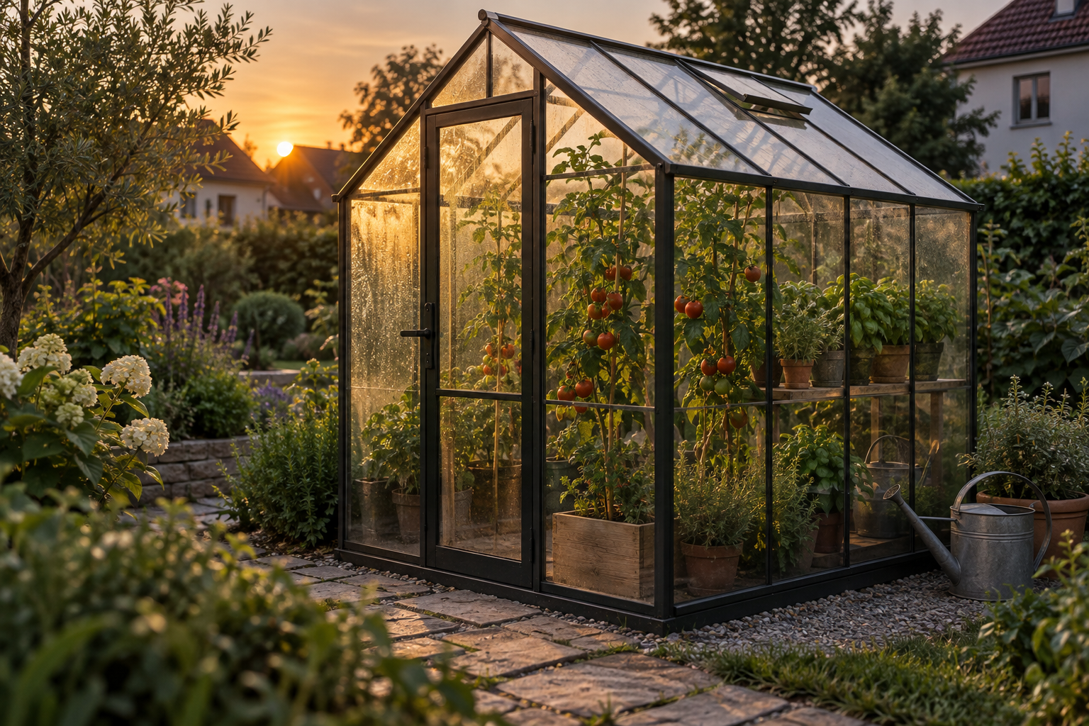 KI-generiertes Gewächshaus im Abendlicht mit Tomaten, Kräutern und einer Gießkanne rechts.